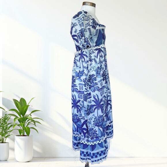 FARM RIO Sweet Rio Midi Dress Small Puff Sleeve Blue Tropical Graphic Print - Picture 6 of 13
